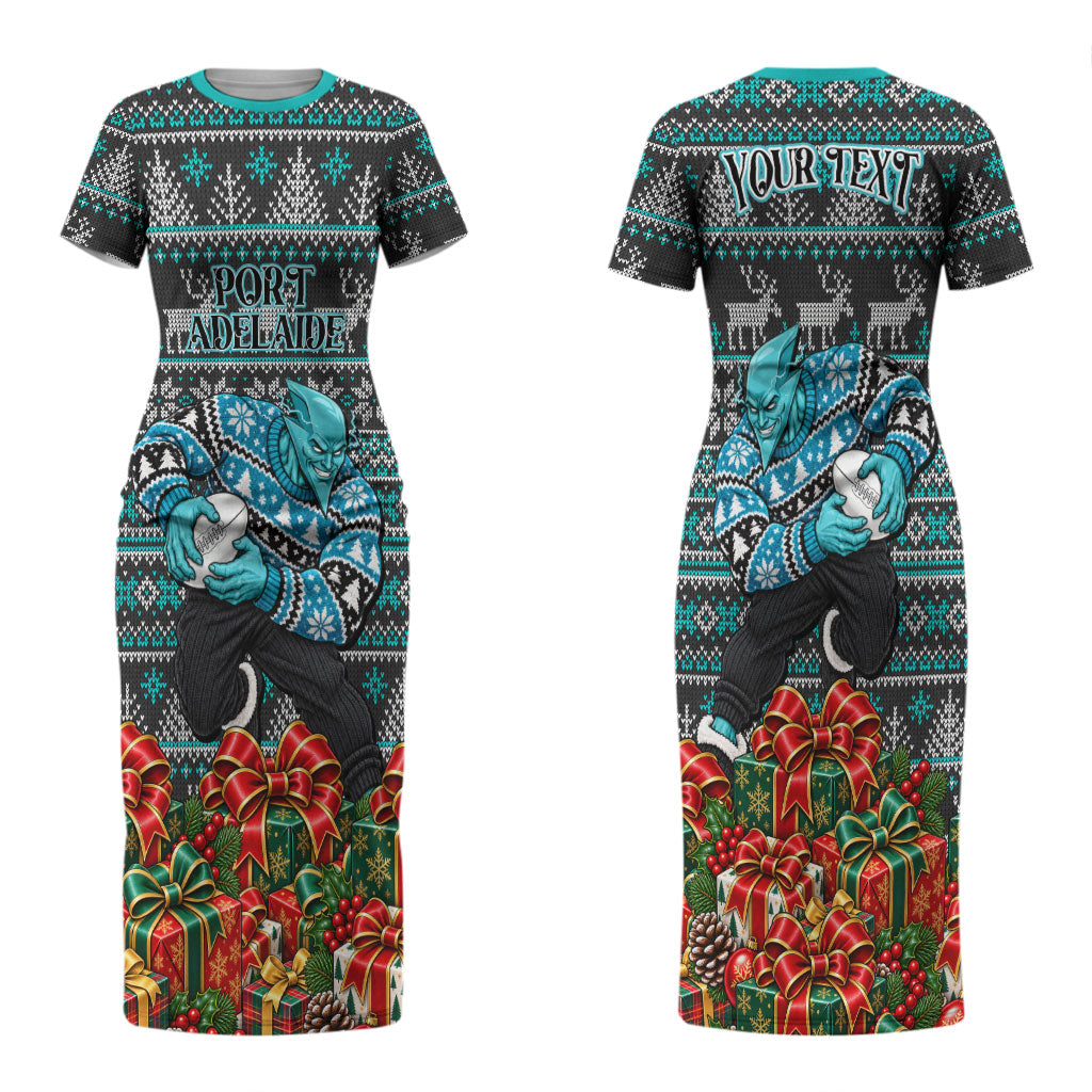 Personalized Port Adelaide Football Christmas Couples Matching Short Sleeve Bodycon Dress and Hawaiian Shirt Australian Football Mascot - Ugly Xmas Pattern Festive