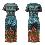 Personalized Port Adelaide Football Christmas Couples Matching Short Sleeve Bodycon Dress and Hawaiian Shirt Australian Football Mascot - Ugly Xmas Pattern Festive