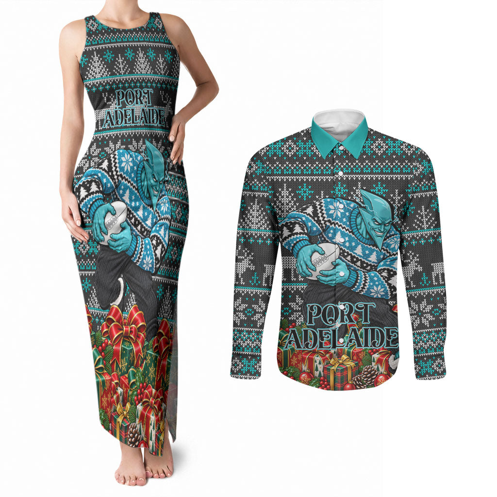 Personalized Port Adelaide Football Christmas Couples Matching Tank Maxi Dress and Long Sleeve Button Shirt Australian Football Mascot - Ugly Xmas Pattern Festive