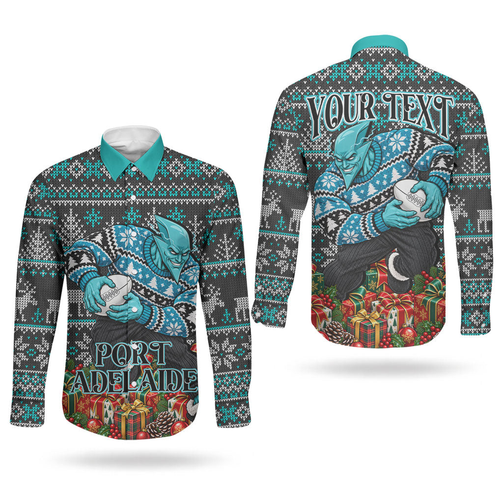 Personalized Port Adelaide Football Christmas Couples Matching Tank Maxi Dress and Long Sleeve Button Shirt Australian Football Mascot - Ugly Xmas Pattern Festive