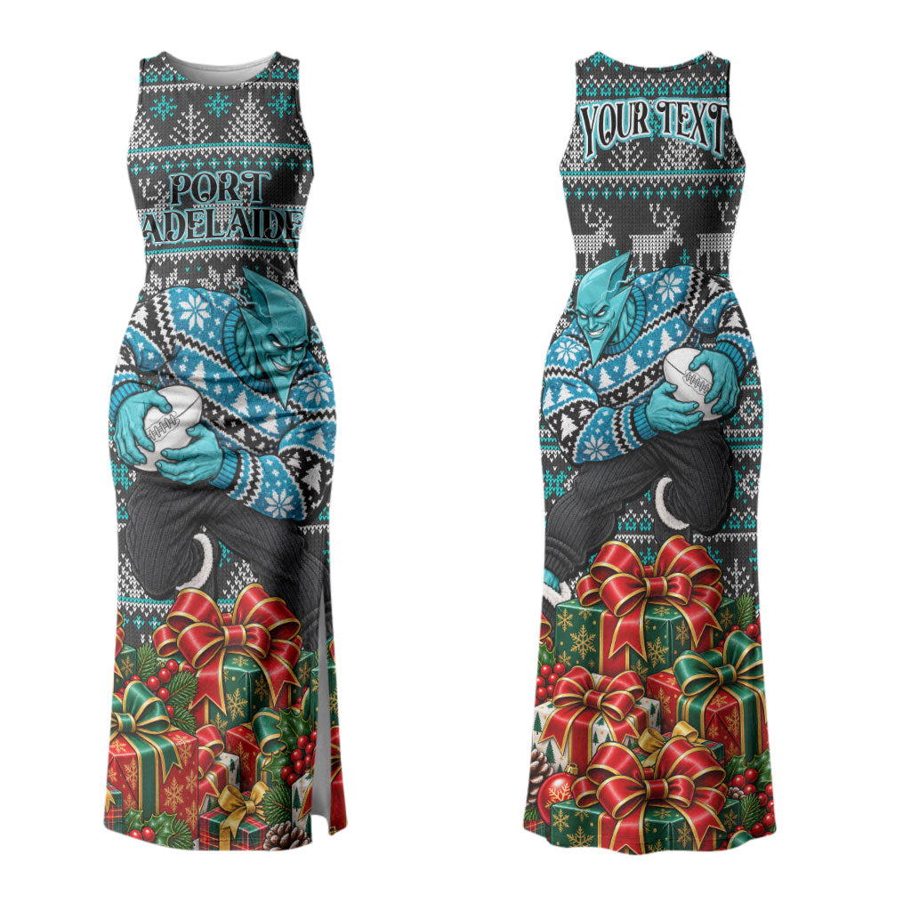 Personalized Port Adelaide Football Christmas Couples Matching Tank Maxi Dress and Long Sleeve Button Shirt Australian Football Mascot - Ugly Xmas Pattern Festive
