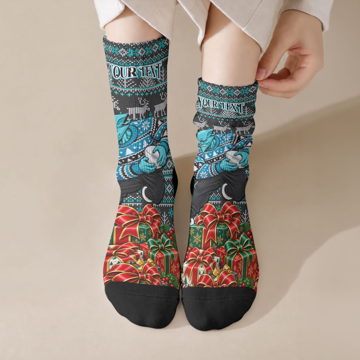 Personalized Port Adelaide Football Christmas Crew Socks Australian Football Mascot - Ugly Xmas Pattern Festive