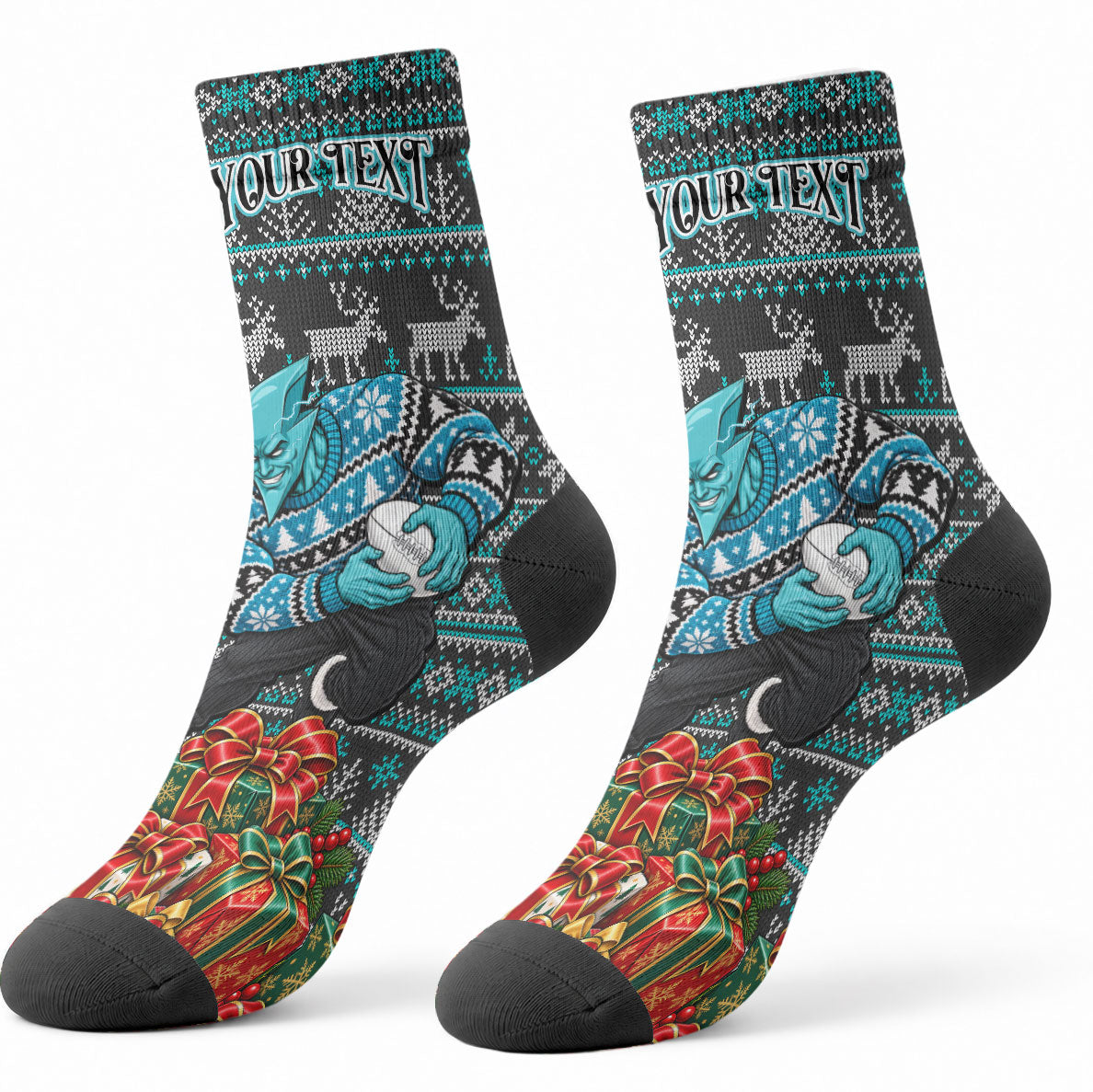 Personalized Port Adelaide Football Christmas Crew Socks Australian Football Mascot - Ugly Xmas Pattern Festive