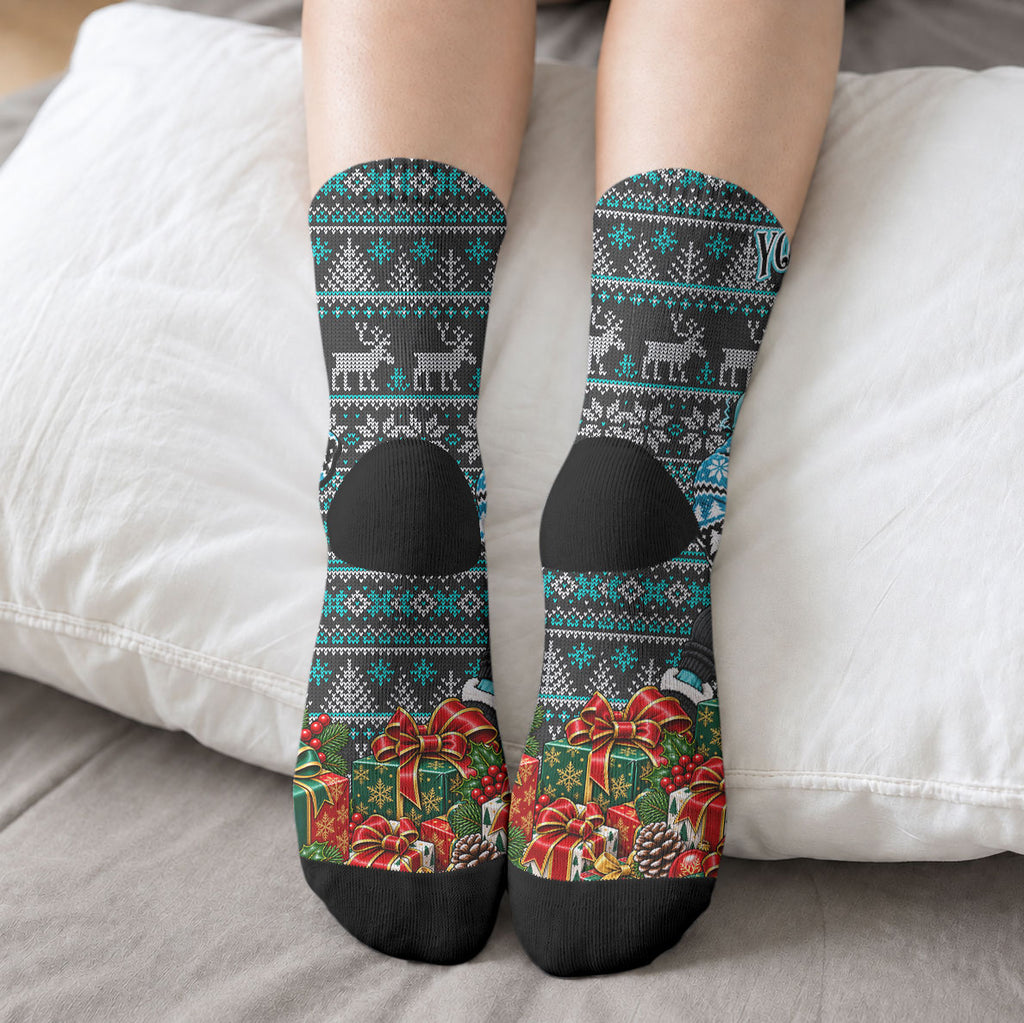 Personalized Port Adelaide Football Christmas Crew Socks Australian Football Mascot - Ugly Xmas Pattern Festive