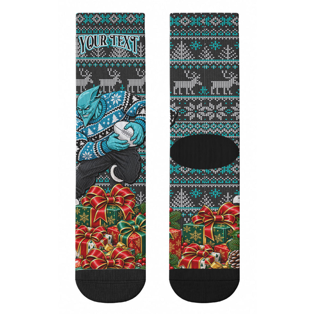 Personalized Port Adelaide Football Christmas Crew Socks Australian Football Mascot - Ugly Xmas Pattern Festive