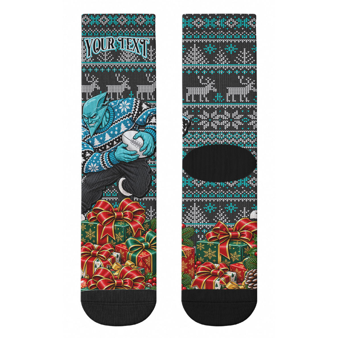 Personalized Port Adelaide Football Christmas Crew Socks Australian Football Mascot - Ugly Xmas Pattern Festive