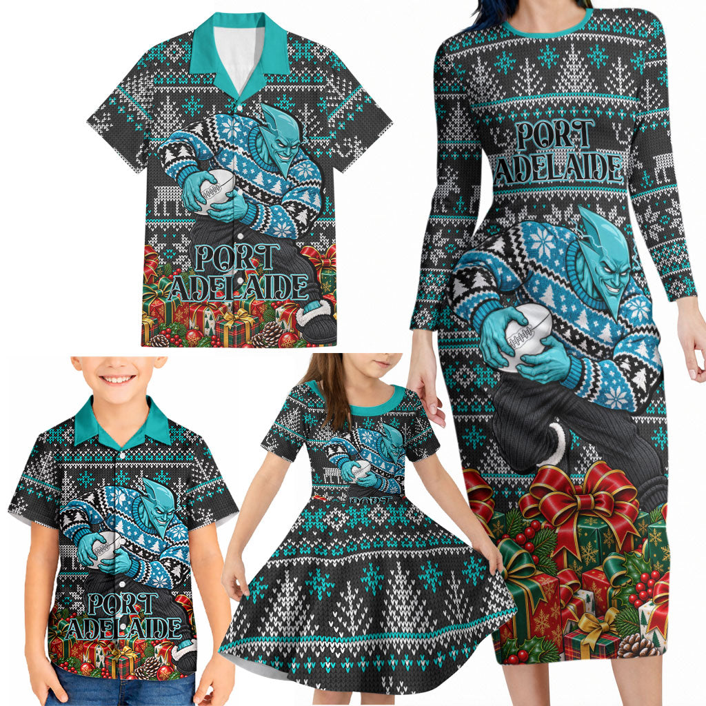 Personalized Port Adelaide Football Christmas Family Matching Long Sleeve Bodycon Dress and Hawaiian Shirt Australian Football Mascot - Ugly Xmas Pattern Festive