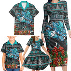 Personalized Port Adelaide Football Christmas Family Matching Long Sleeve Bodycon Dress and Hawaiian Shirt Australian Football Mascot - Ugly Xmas Pattern Festive