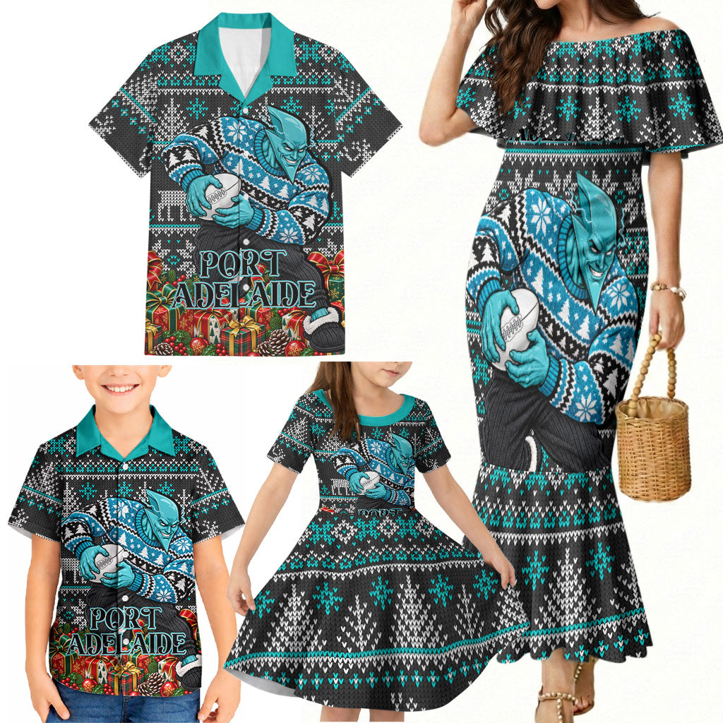 Personalized Port Adelaide Football Christmas Family Matching Mermaid Dress and Hawaiian Shirt Australian Football Mascot - Ugly Xmas Pattern Festive