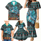 Personalized Port Adelaide Football Christmas Family Matching Mermaid Dress and Hawaiian Shirt Australian Football Mascot - Ugly Xmas Pattern Festive