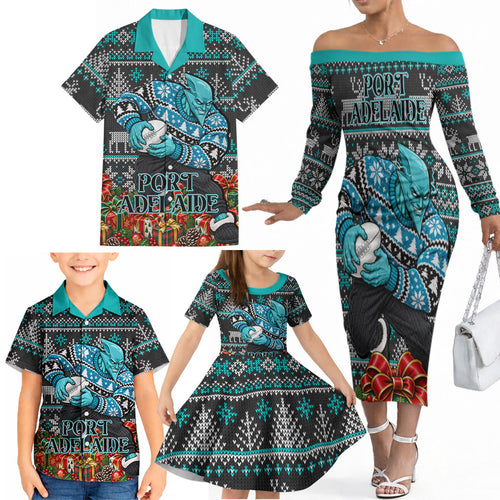 Personalized Port Adelaide Football Christmas Family Matching Off The Shoulder Long Sleeve Dress and Hawaiian Shirt Australian Football Mascot - Ugly Xmas Pattern Festive