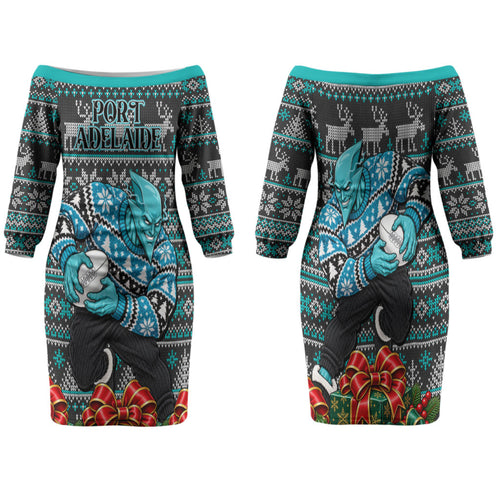 Personalized Port Adelaide Football Christmas Family Matching Off The Shoulder Long Sleeve Dress and Hawaiian Shirt Australian Football Mascot - Ugly Xmas Pattern Festive