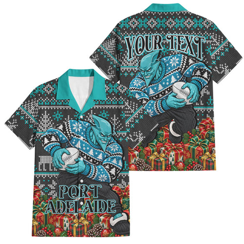 Personalized Port Adelaide Football Christmas Family Matching Off The Shoulder Long Sleeve Dress and Hawaiian Shirt Australian Football Mascot - Ugly Xmas Pattern Festive