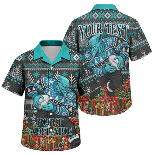 Personalized Port Adelaide Football Christmas Family Matching Off The Shoulder Long Sleeve Dress and Hawaiian Shirt Australian Football Mascot - Ugly Xmas Pattern Festive