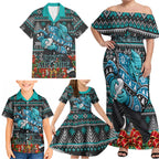 Personalized Port Adelaide Football Christmas Family Matching Off Shoulder Maxi Dress and Hawaiian Shirt Australian Football Mascot - Ugly Xmas Pattern Festive