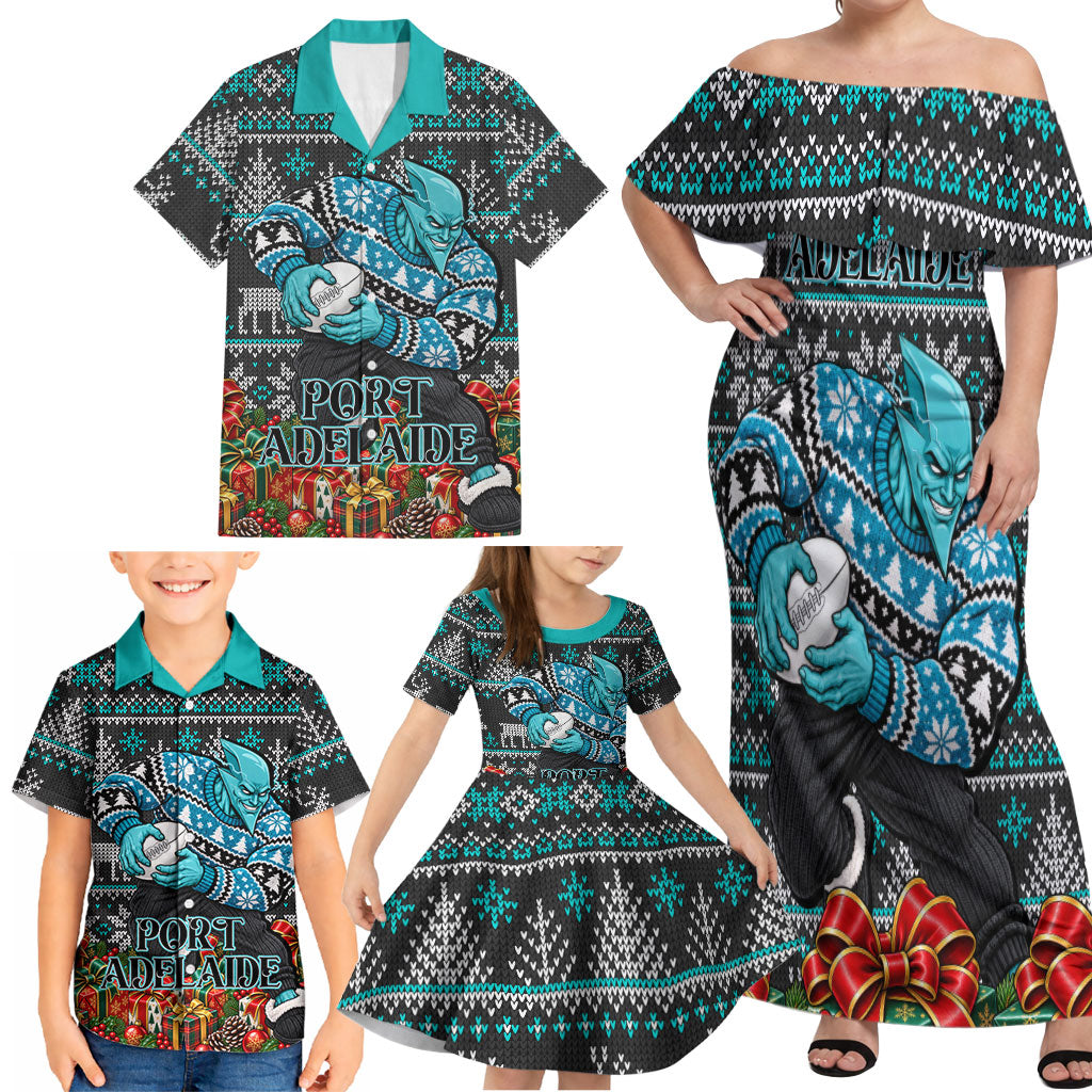 Personalized Port Adelaide Football Christmas Family Matching Off Shoulder Maxi Dress and Hawaiian Shirt Australian Football Mascot - Ugly Xmas Pattern Festive