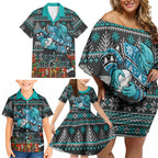 Personalized Port Adelaide Football Christmas Family Matching Off Shoulder Short Dress and Hawaiian Shirt Australian Football Mascot - Ugly Xmas Pattern Festive