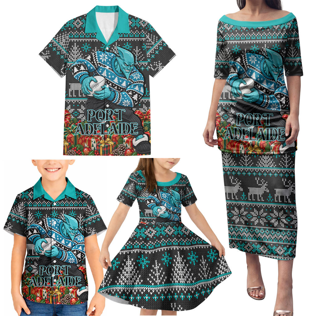 Personalized Port Adelaide Football Christmas Family Matching Puletasi and Hawaiian Shirt Australian Football Mascot - Ugly Xmas Pattern Festive