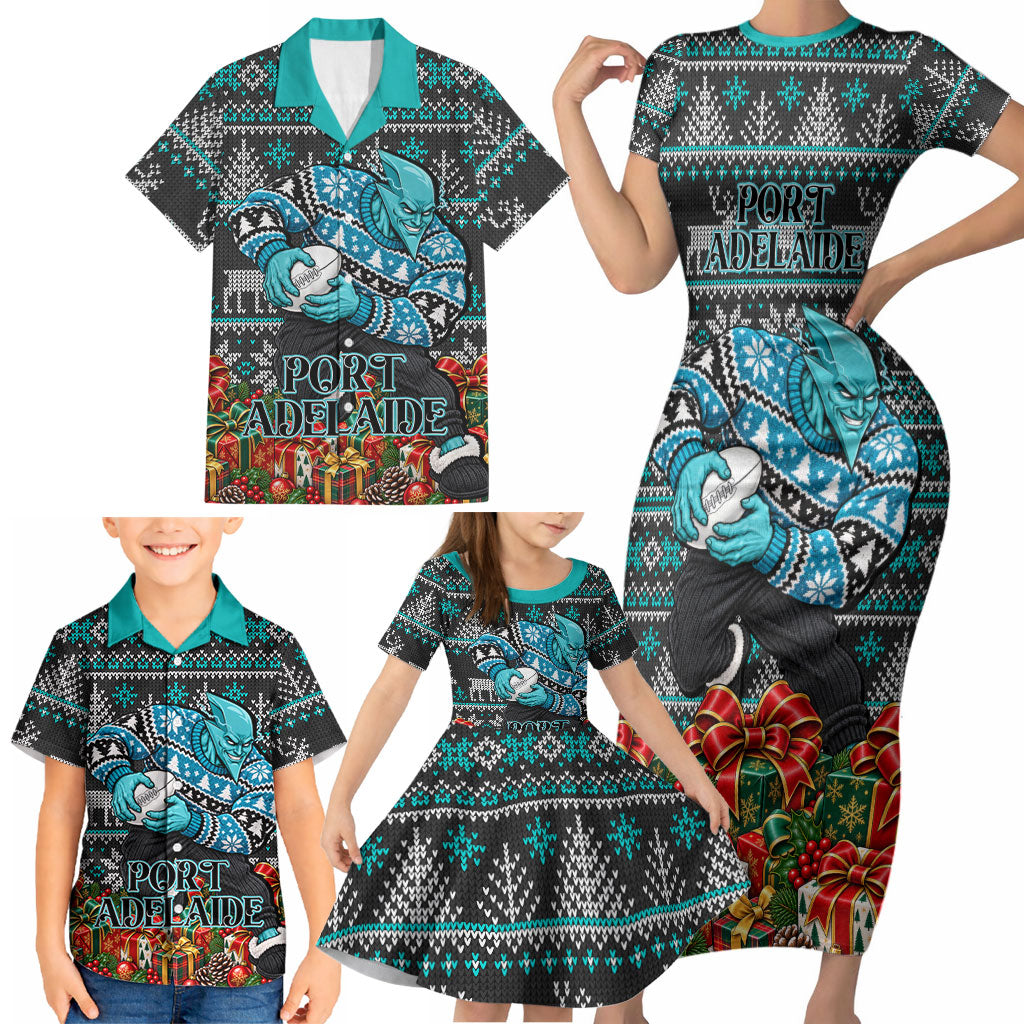 Personalized Port Adelaide Football Christmas Family Matching Short Sleeve Bodycon Dress and Hawaiian Shirt Australian Football Mascot - Ugly Xmas Pattern Festive