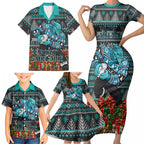 Personalized Port Adelaide Football Christmas Family Matching Short Sleeve Bodycon Dress and Hawaiian Shirt Australian Football Mascot - Ugly Xmas Pattern Festive