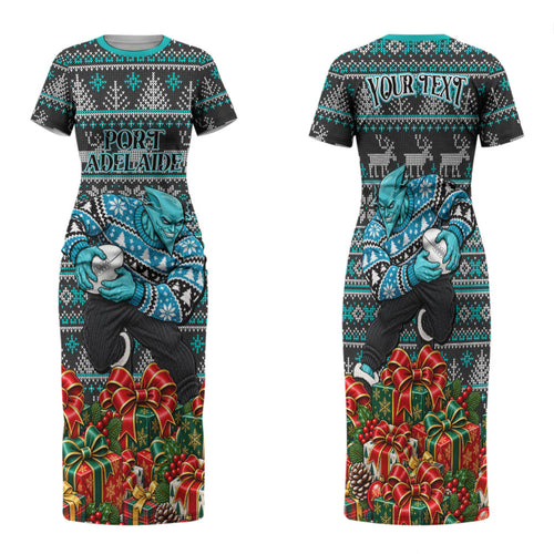 Personalized Port Adelaide Football Christmas Family Matching Short Sleeve Bodycon Dress and Hawaiian Shirt Australian Football Mascot - Ugly Xmas Pattern Festive