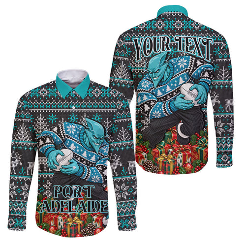 Personalized Port Adelaide Football Christmas Family Matching Short Sleeve Bodycon Dress and Hawaiian Shirt Australian Football Mascot - Ugly Xmas Pattern Festive
