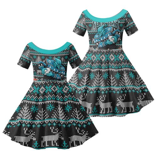 Personalized Port Adelaide Football Christmas Family Matching Short Sleeve Bodycon Dress and Hawaiian Shirt Australian Football Mascot - Ugly Xmas Pattern Festive