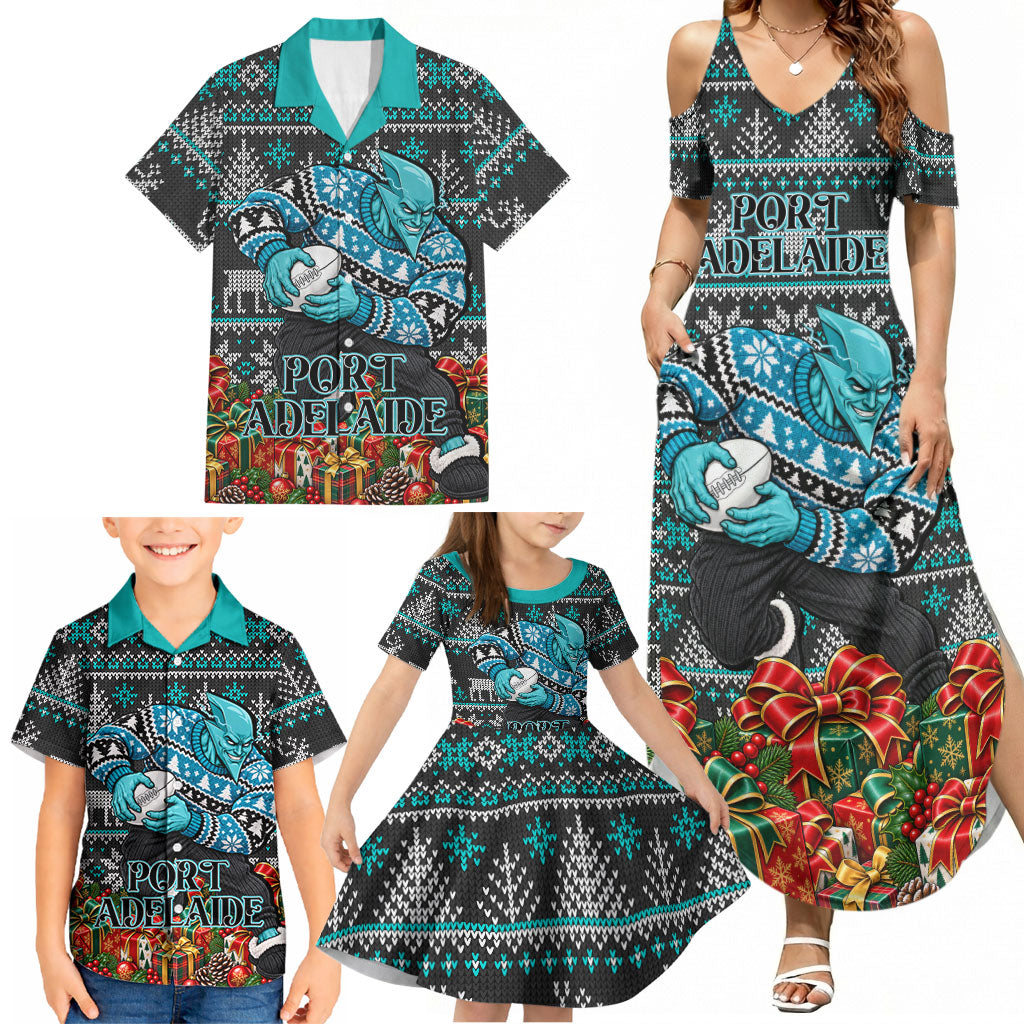 Personalized Port Adelaide Football Christmas Family Matching Summer Maxi Dress and Hawaiian Shirt Australian Football Mascot - Ugly Xmas Pattern Festive