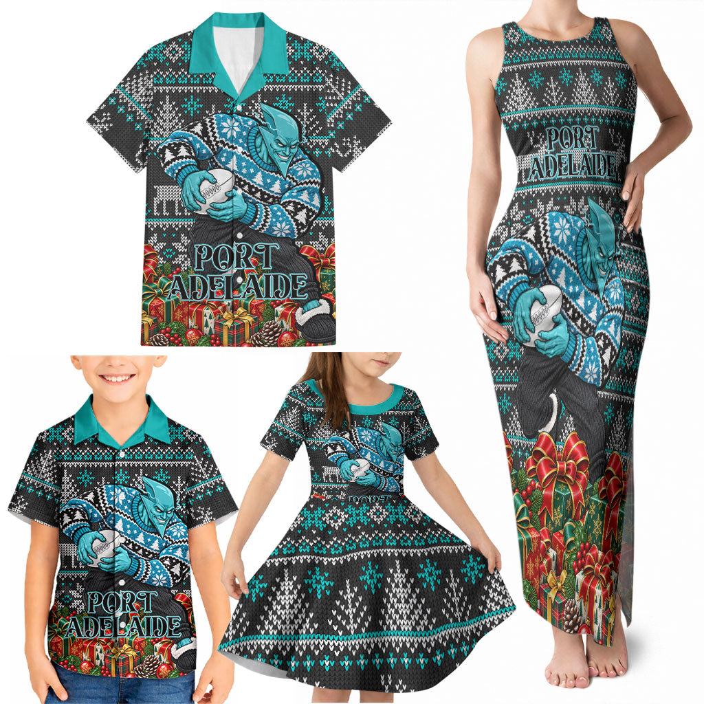 Personalized Port Adelaide Football Christmas Family Matching Tank Maxi Dress and Hawaiian Shirt Australian Football Mascot - Ugly Xmas Pattern Festive