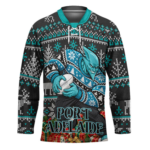 Personalized Port Adelaide Football Christmas Hockey Jersey Australian Football Mascot - Ugly Xmas Pattern Festive