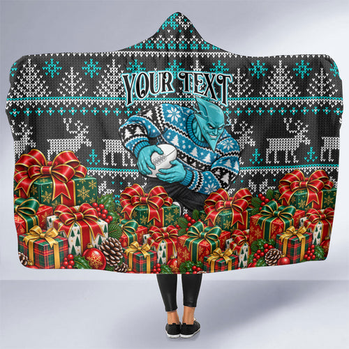 Personalized Port Adelaide Football Christmas Hooded Blanket Australian Football Mascot - Ugly Xmas Pattern Festive
