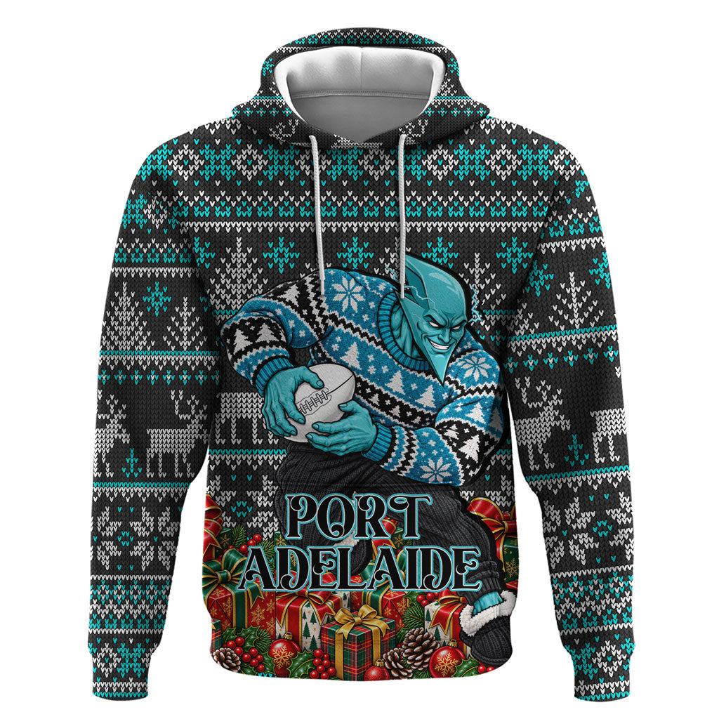 Personalized Port Adelaide Football Christmas Hoodie Australian Football Mascot - Ugly Xmas Pattern Festive