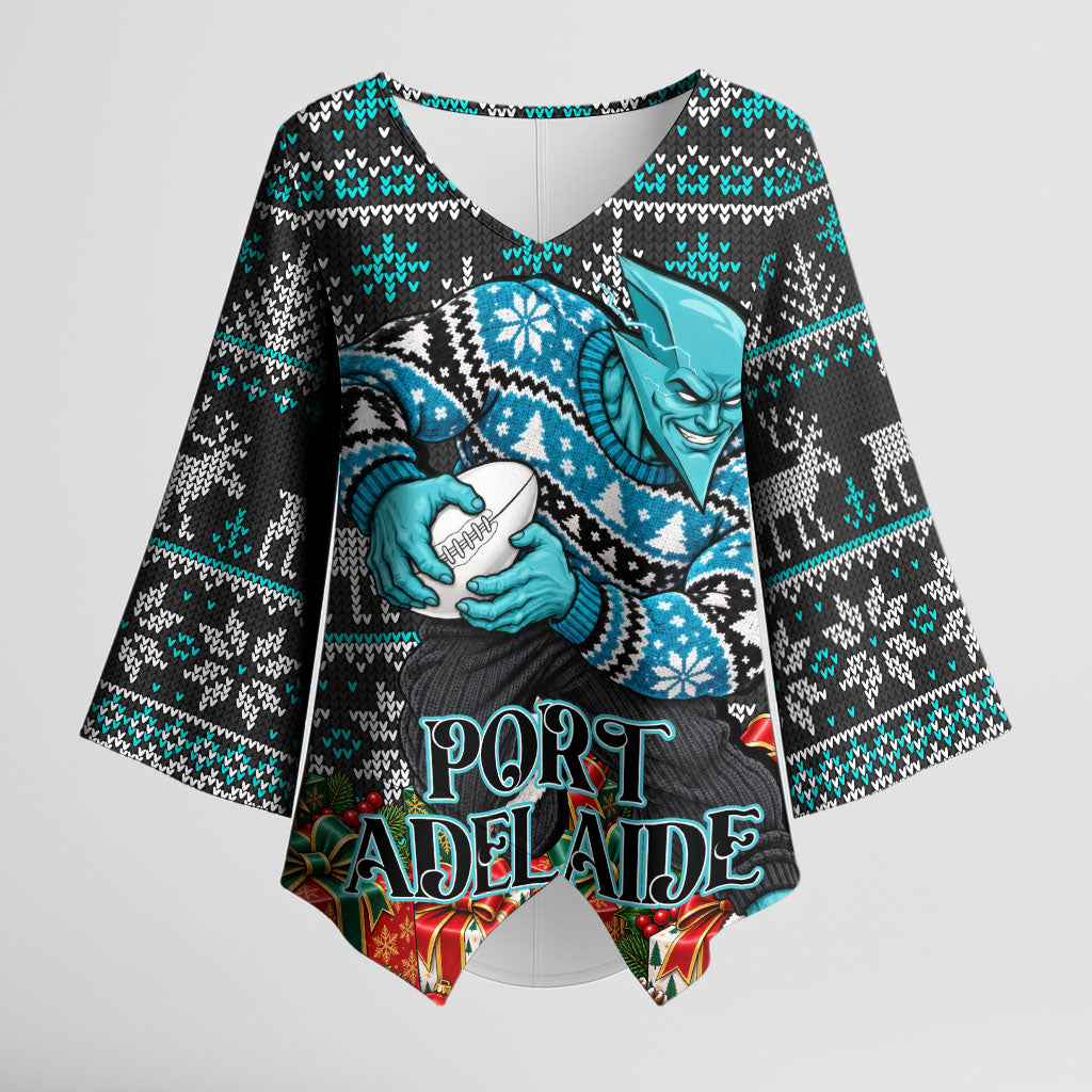 Personalized Port Adelaide Football Christmas Kimono Sleeve Blouse Australian Football Mascot - Ugly Xmas Pattern Festive