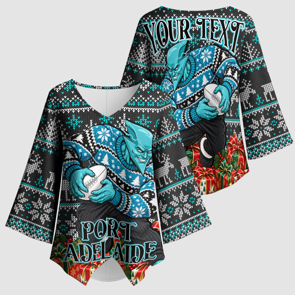 Personalized Port Adelaide Football Christmas Kimono Sleeve Blouse Australian Football Mascot - Ugly Xmas Pattern Festive