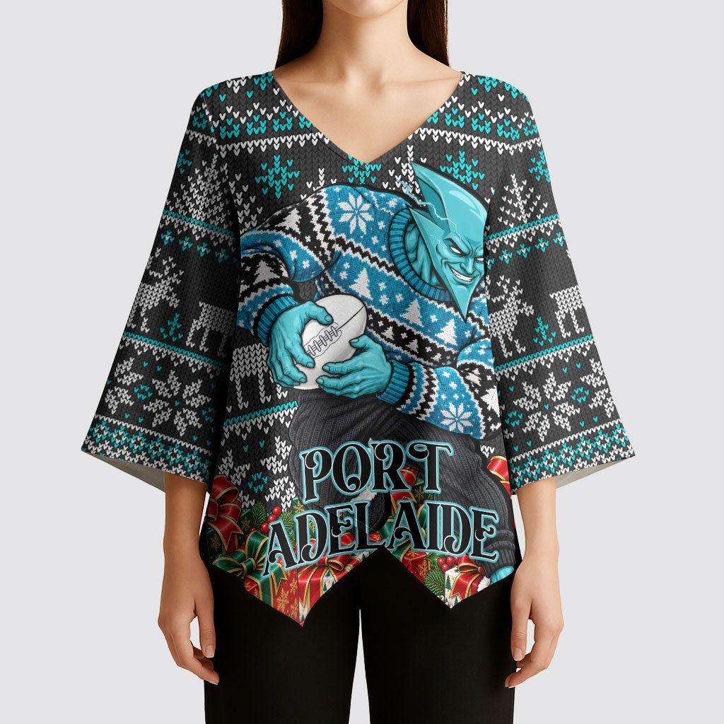 Personalized Port Adelaide Football Christmas Kimono Sleeve Blouse Australian Football Mascot - Ugly Xmas Pattern Festive