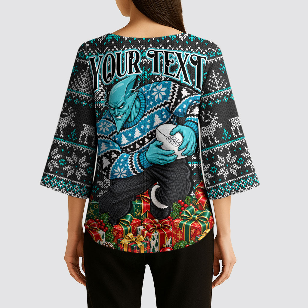Personalized Port Adelaide Football Christmas Kimono Sleeve Blouse Australian Football Mascot - Ugly Xmas Pattern Festive