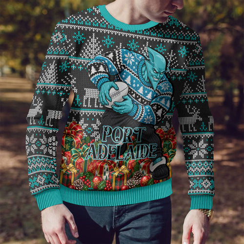 Personalized Port Adelaide Football Christmas Ugly Christmas Sweater Australian Football Mascot - Ugly Xmas Pattern Festive