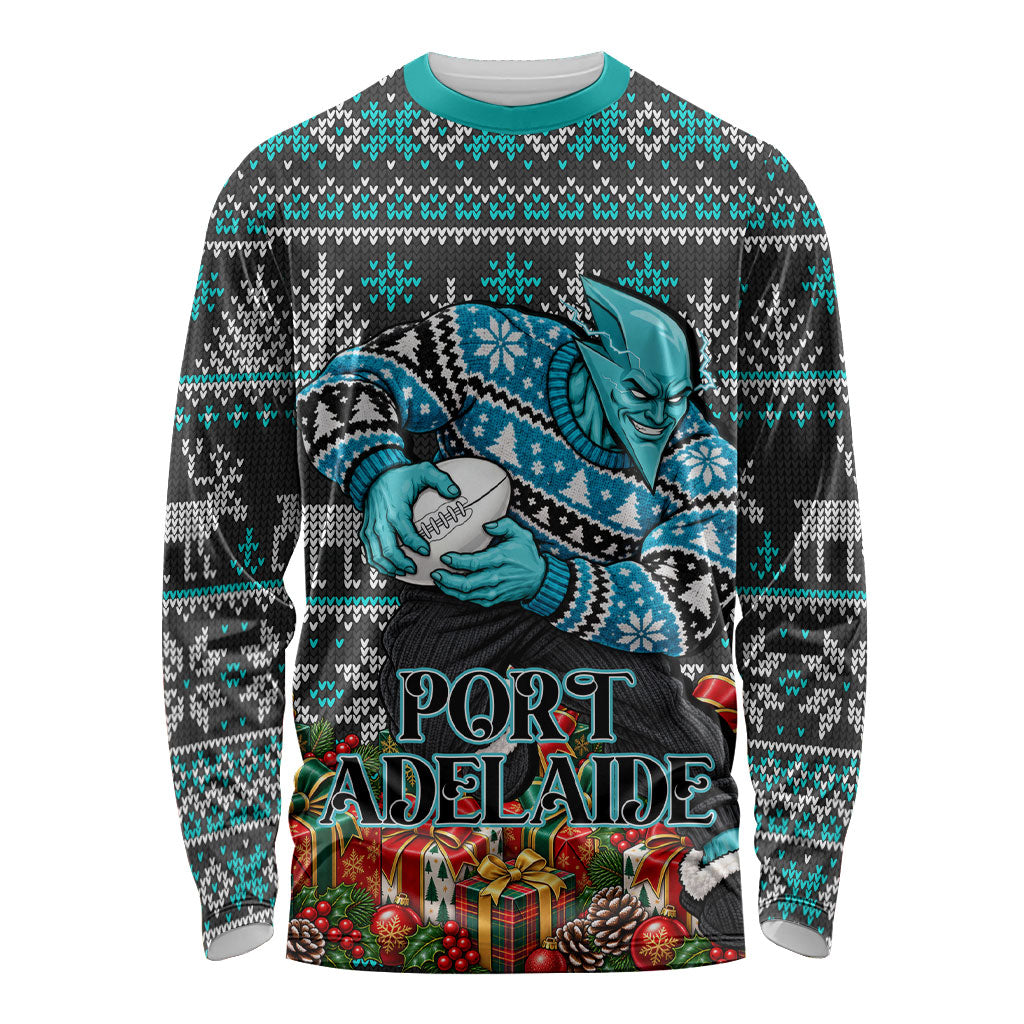 Personalized Port Adelaide Football Christmas Long Sleeve Shirt Australian Football Mascot - Ugly Xmas Pattern Festive