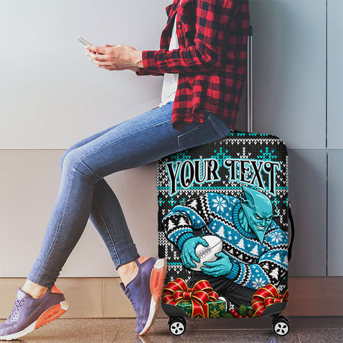Personalized Port Adelaide Football Christmas Luggage Cover Australian Football Mascot - Ugly Xmas Pattern Festive