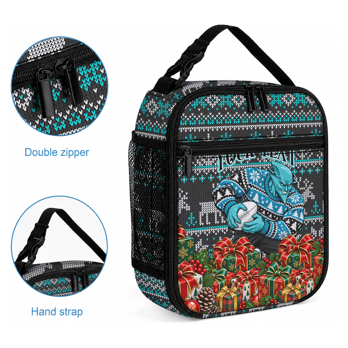Personalized Port Adelaide Football Christmas Lunch Bag Australian Football Mascot - Ugly Xmas Pattern Festive