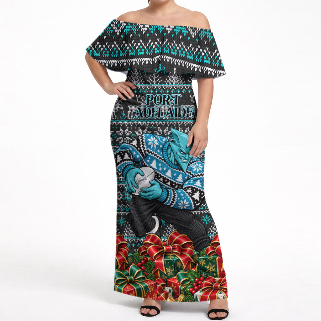 Personalized Port Adelaide Football Christmas Off Shoulder Maxi Dress Australian Football Mascot - Ugly Xmas Pattern Festive