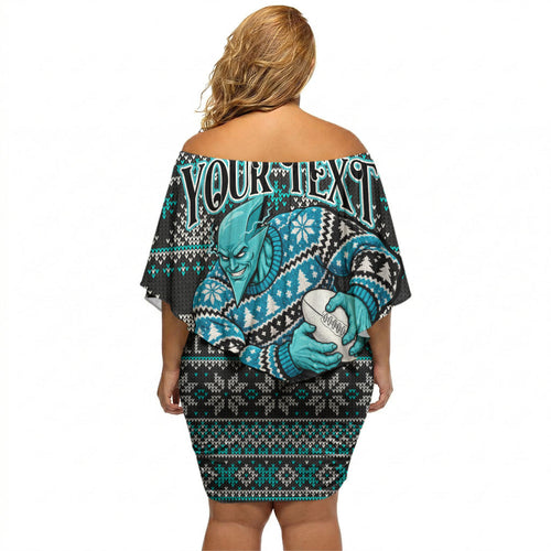 Personalized Port Adelaide Football Christmas Off Shoulder Short Dress Australian Football Mascot - Ugly Xmas Pattern Festive