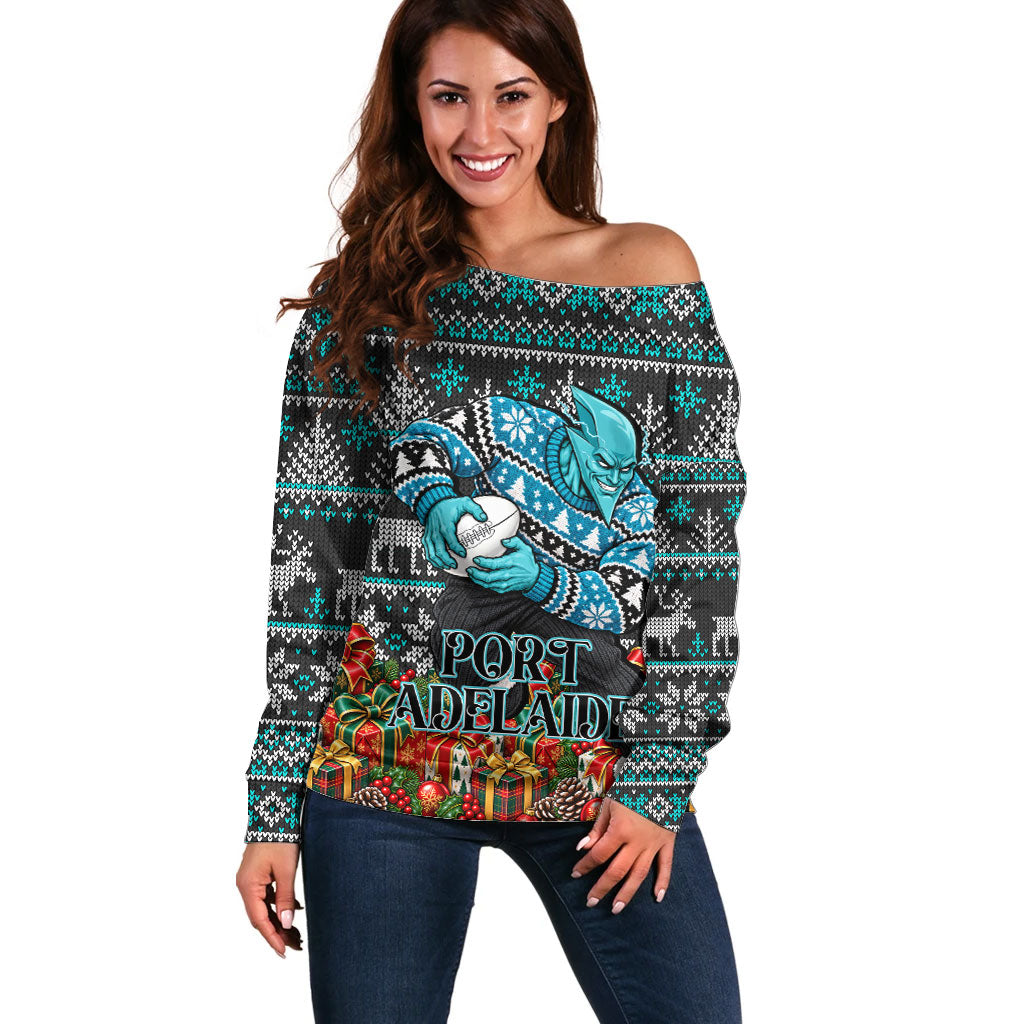 Personalized Port Adelaide Football Christmas Off Shoulder Sweater Australian Football Mascot - Ugly Xmas Pattern Festive