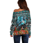 Personalized Port Adelaide Football Christmas Off Shoulder Sweater Australian Football Mascot - Ugly Xmas Pattern Festive