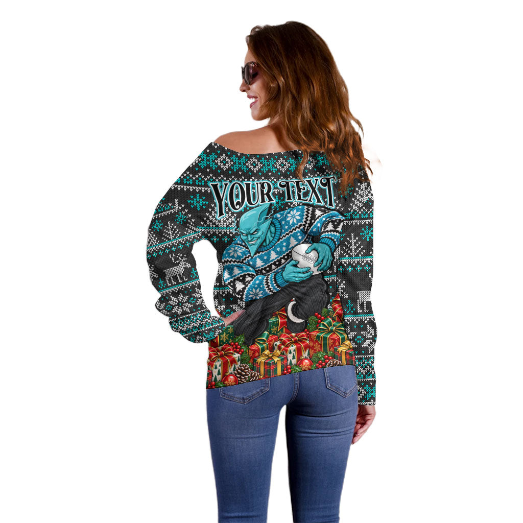 Personalized Port Adelaide Football Christmas Off Shoulder Sweater Australian Football Mascot - Ugly Xmas Pattern Festive