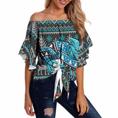Personalized Port Adelaide Football Christmas Off Shoulder Wrap Waist Top Australian Football Mascot - Ugly Xmas Pattern Festive