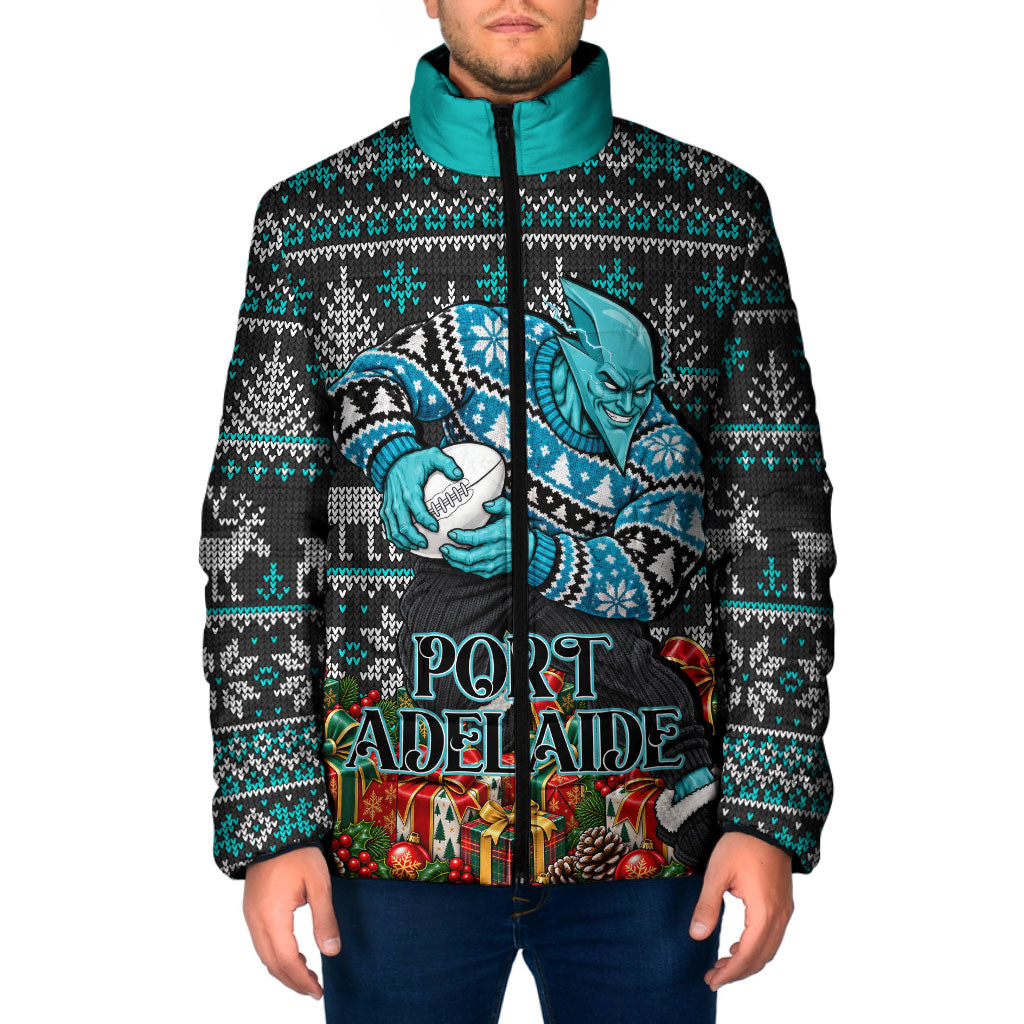 Personalized Port Adelaide Football Christmas Padded Jacket Australian Football Mascot - Ugly Xmas Pattern Festive