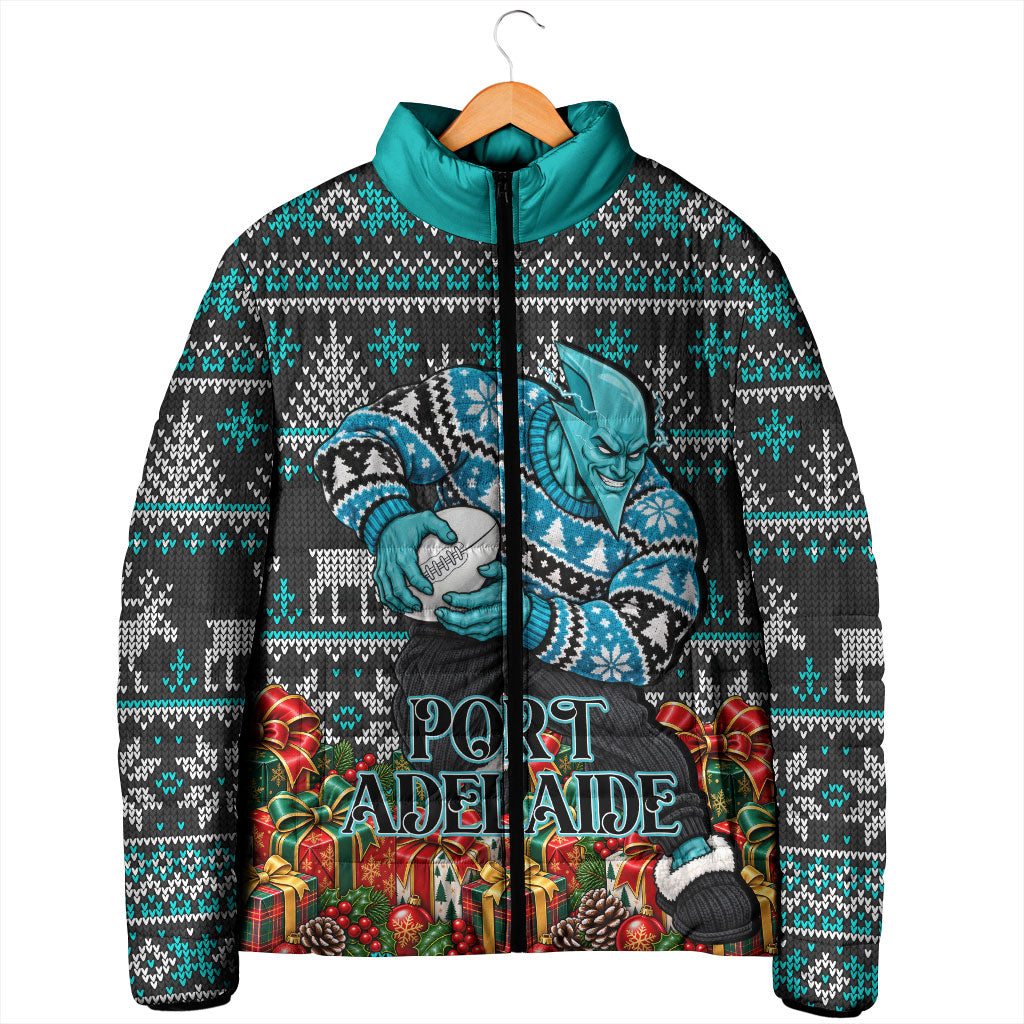 Personalized Port Adelaide Football Christmas Padded Jacket Australian Football Mascot - Ugly Xmas Pattern Festive