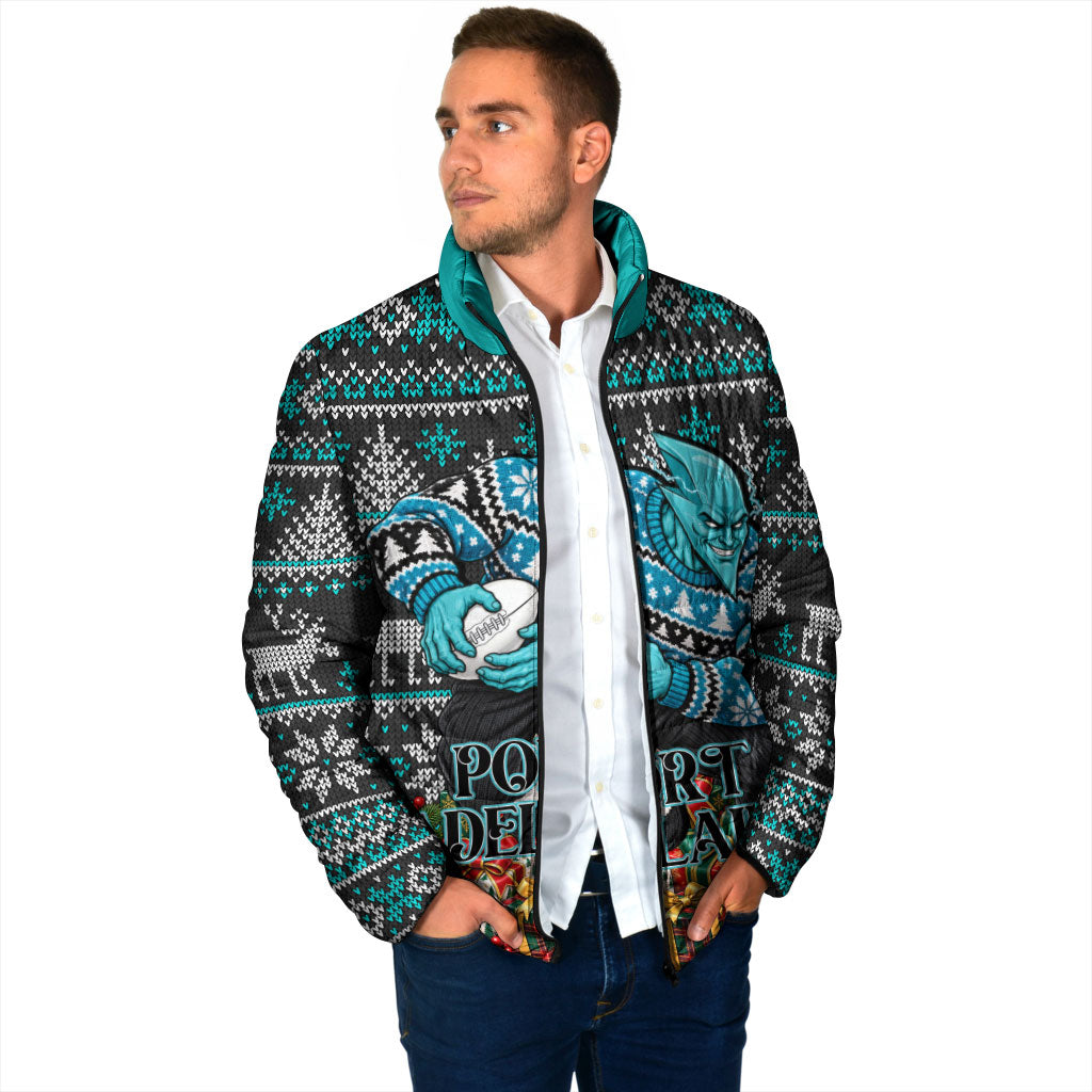 Personalized Port Adelaide Football Christmas Padded Jacket Australian Football Mascot - Ugly Xmas Pattern Festive