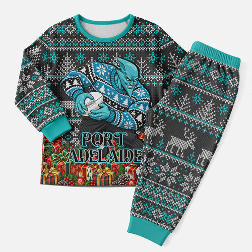 Personalized Port Adelaide Football Christmas Pajama Set Australian Football Mascot - Ugly Xmas Pattern Festive